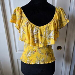 Express Yellow Floral Ruffle Smocked Crop Top Womens Sz S